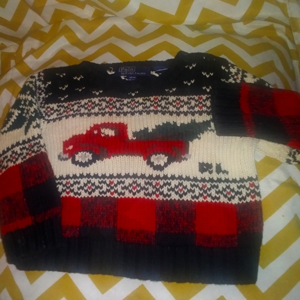 Vtg Rare Polo Ralph Lauren‘92 Christmas Tree Red Truck Plaid Baby Sweater 18M